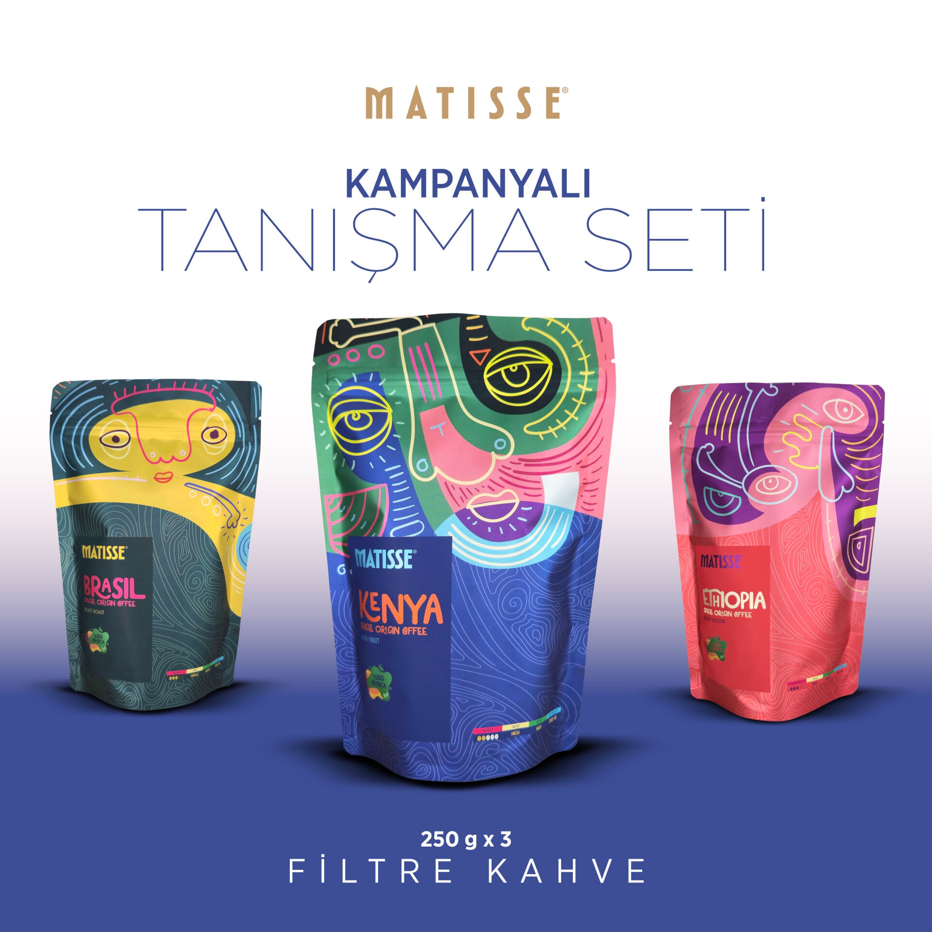 Matisse Dünya Kahveleri Tanışma Seti – Etiyopya, Brezilya & Kenya 250g x 3
